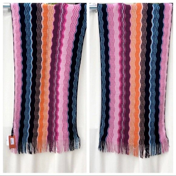 MISSONI 32% wool 24% viscose LUREX large fringe knit scarf multicolor - Picture 6 of 10